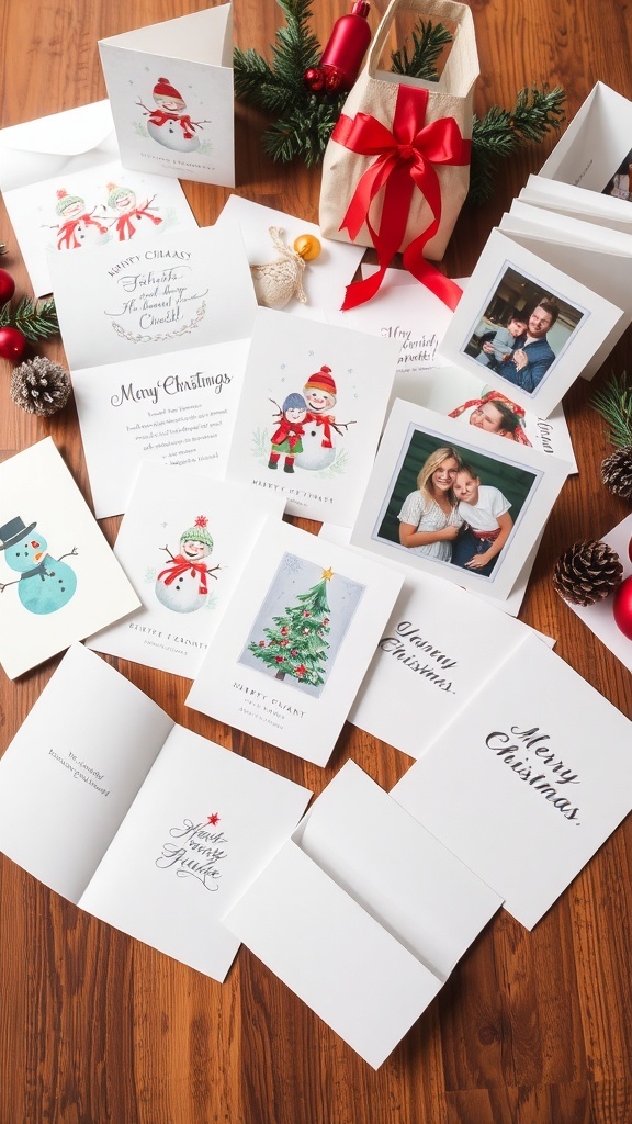 An assortment of creative Christmas cards on a wooden table, showcasing various designs and styles.